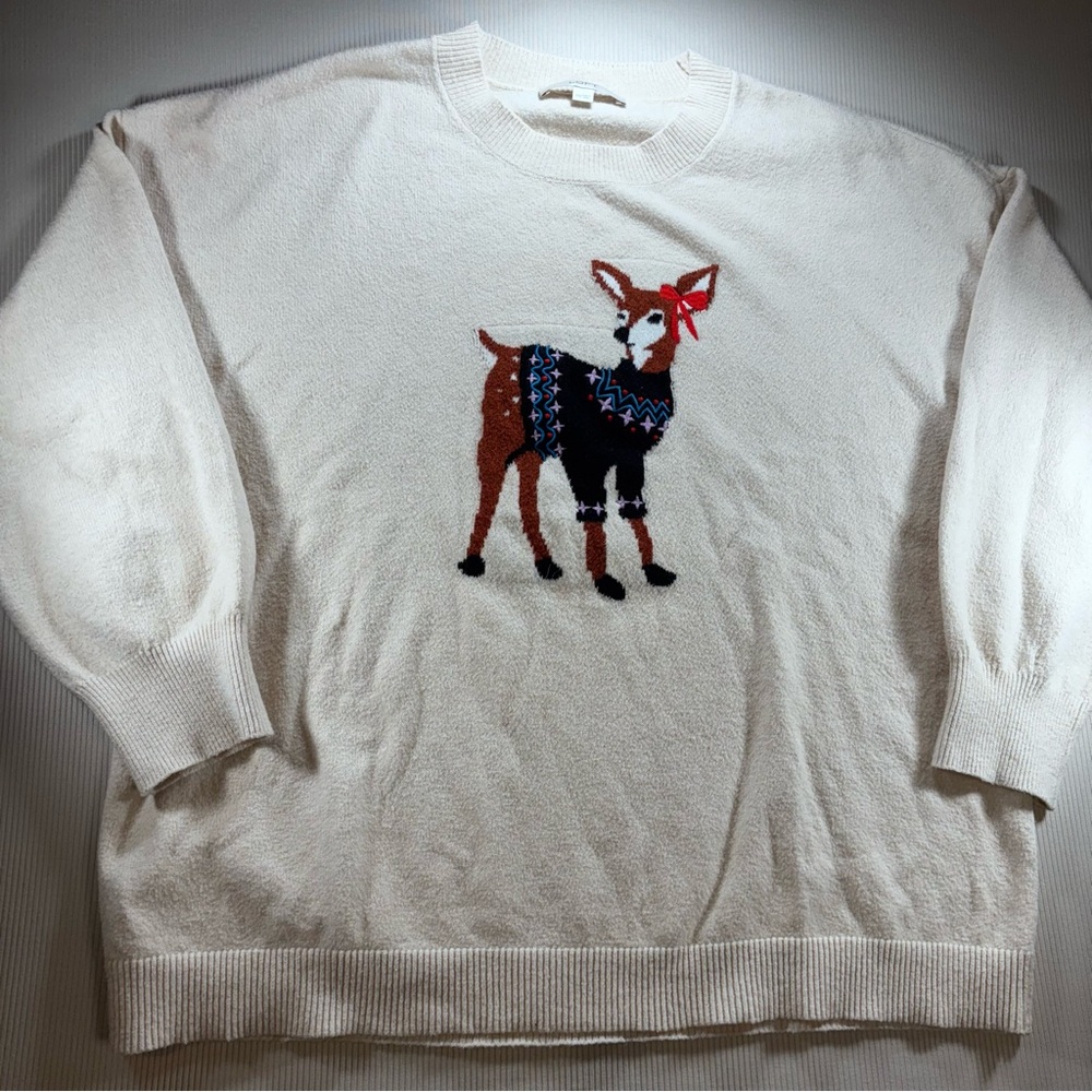 LOFT Cream Sweater with Festive Deer Design.‎